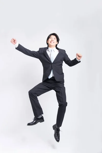 Full Length Asian Business Man Suit Jumping White Background — Stock Photo, Image
