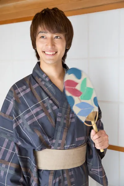 Portrait Handsome Japanese Young Man Traditional Yukata Ethnic Hot Spring — Stock Photo, Image