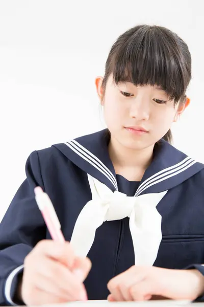 Sorridente Studente Giapponese Uniforme Scolastica Che Studia Scuola — Foto Stock
