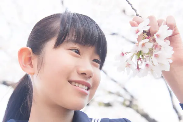 Portrait Beautiful Japanese Student Street Blooming Cherry Trees — Stock Photo, Image