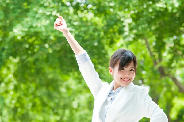 Outdoor Portrait Cheerful Japanese Woman Walking Green Summer Park — Stock Photo, Image