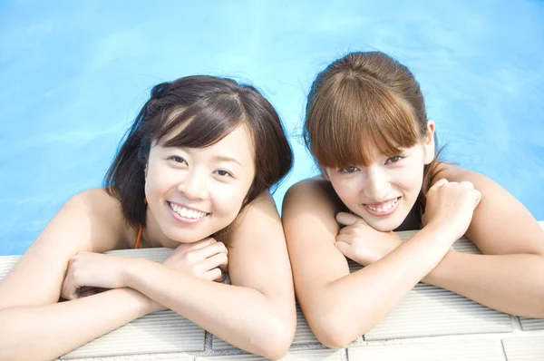 Beautiful Japanese Women Colorful Swimsuits Having Fun Pool Vacationing Concept — Stock Photo, Image