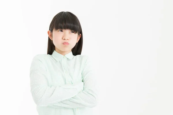 Jeune Asiatique Fille Étudiant Est Triste Isolé Sur Fond Blanc — Photo