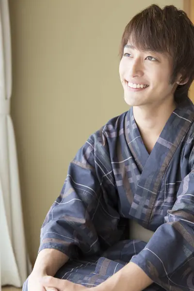 Portrait Handsome Japanese Young Man Traditional Yukata Ethnic Hot Spring — Stock Photo, Image