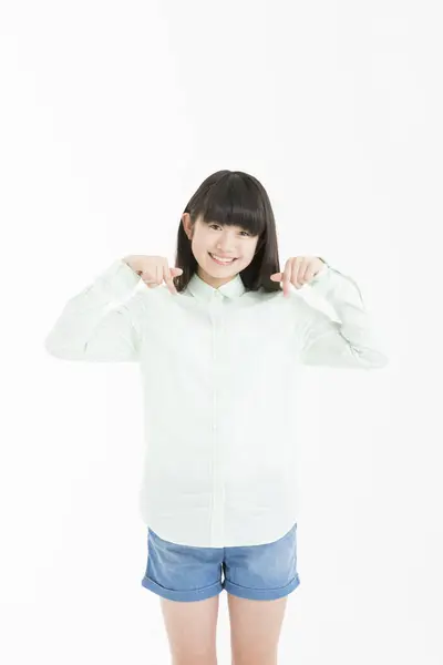 Junge Asiatische Mädchen Studentin Zeigt Sich Isoliert Auf Weißem Hintergrund — Stockfoto