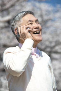 Çiçek açan ağaçlarla parkta yürürken akıllı telefon kullanan kıdemli bir Japon. 