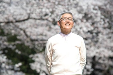 Kiraz çiçekleri içindeki son sınıf öğrencisi.