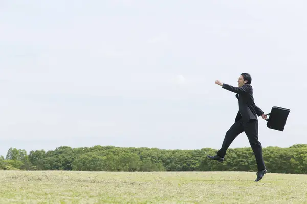 Businessman Running Field Briefcase Blue Sky Background Success — Stock Photo, Image