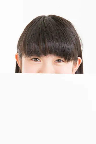 Young Asian Girl Student Showing Blank Card Isolated White Background — Stock Photo, Image
