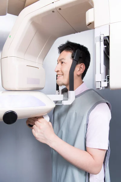Asian Man Looking Machine Smile Making Picture Jaws — Stock Photo, Image