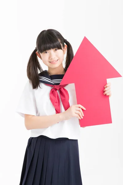 Klein Aziatisch Meisje School Uniform Met Een Rode Pijl Teken — Stockfoto