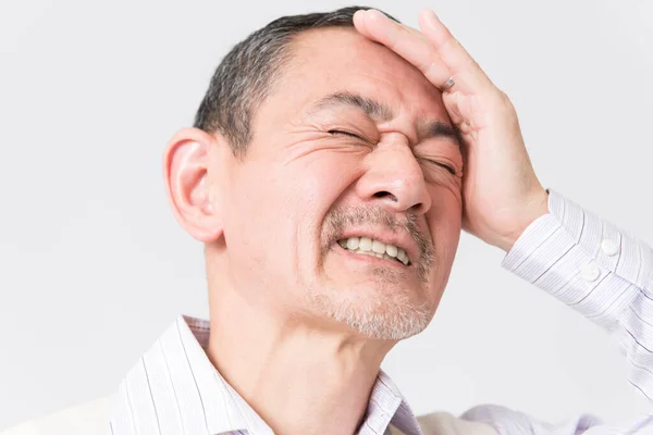 Portrait Mature Asian Man Suffering Pain White Background — Stock Photo, Image