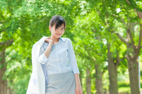 Outdoor Portrait Cheerful Japanese Woman Walking Green Summer Park — Stock Photo, Image