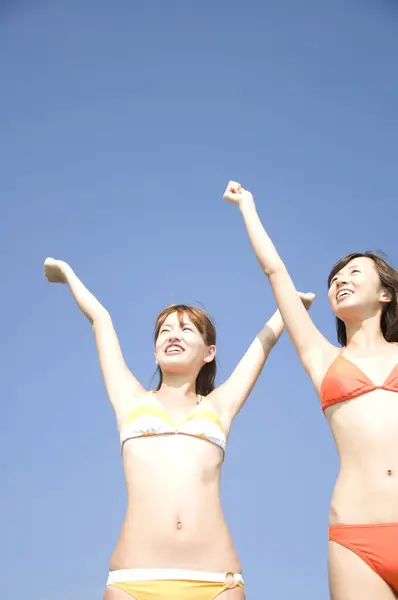 Beautiful Japanese Women Colorful Swimsuits Having Fun Pool Vacationing Concept — Stock Photo, Image