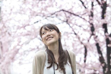 Parkta çiçek açan sakura ağaçlarıyla poz veren genç Asyalı kadın.