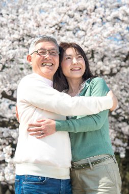 Güzel Asyalı olgun çift çiçek açan kiraz ağaçlarına karşı poz veriyor.