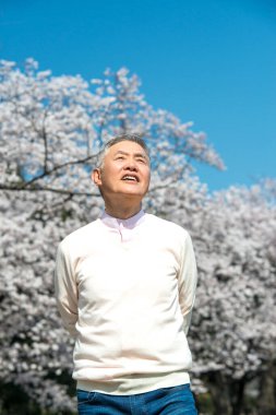 Asyalı kıdemli adam parkın tadını çıkarıyor..