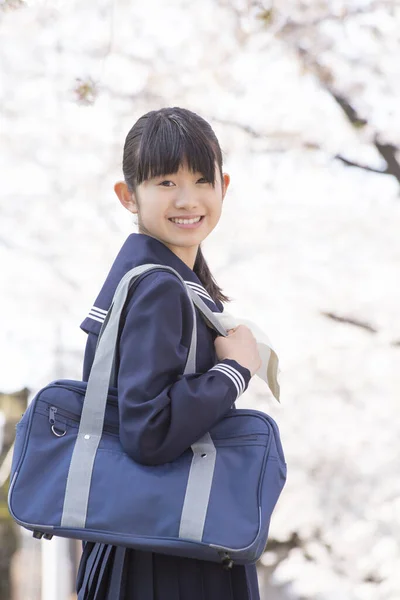 Retrato Hermoso Estudiante Japonés Calle Con Cerezos Florecientes —  Fotos de Stock
