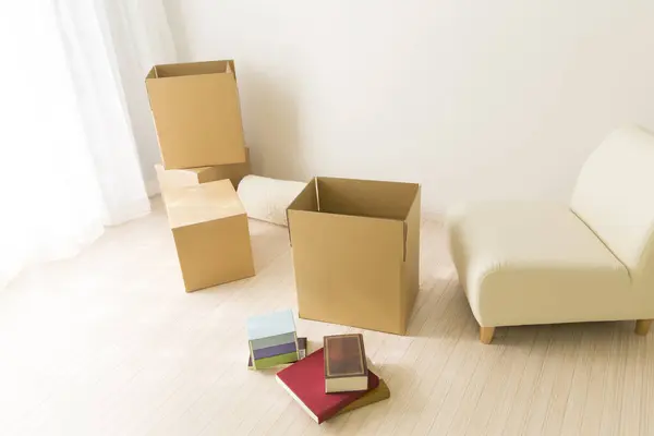 Cajas Cartón Suelo Mudanza Concepto Apartamento — Foto de Stock