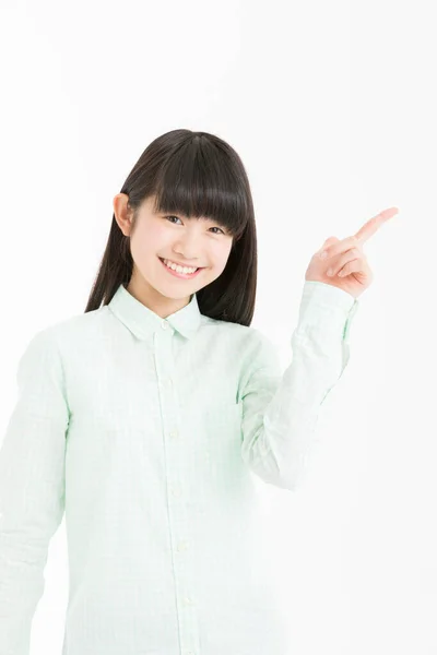 Jovem Asiático Menina Estudante Apontando Com Dedo Isolado Branco Fundo — Fotografia de Stock