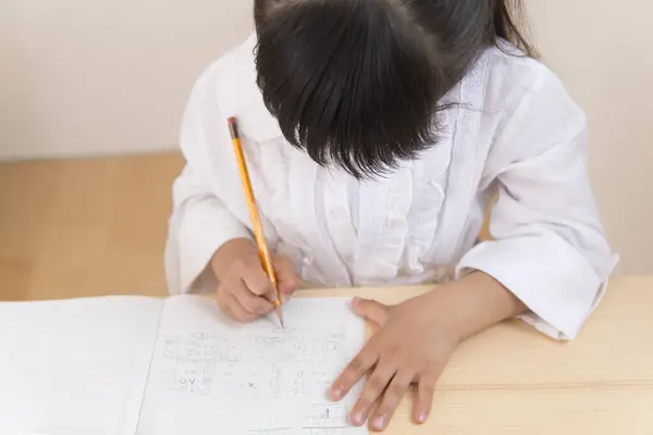 Klein Aziatisch Meisje Doen Huiswerk — Stockfoto