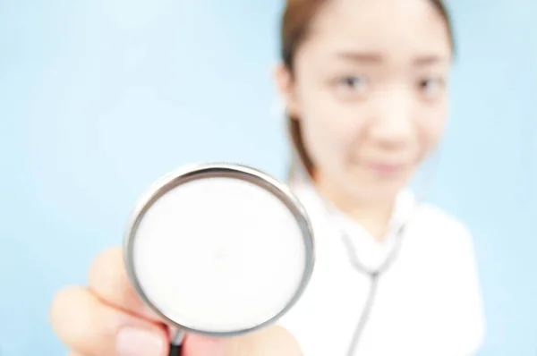 Wide Angle Portrait Beautiful Young Japanese Nurse Stethoscope Uniform Blue — Stock Photo, Image