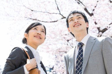 Şehir caddesinde kiraz çiçekleri olan iki Japon iş adamı.