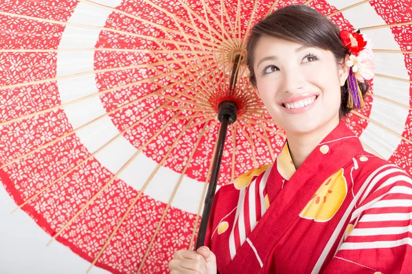 Retrato Hermosa Mujer Japonesa Kimono Con Paraguas Rojo — Foto de Stock