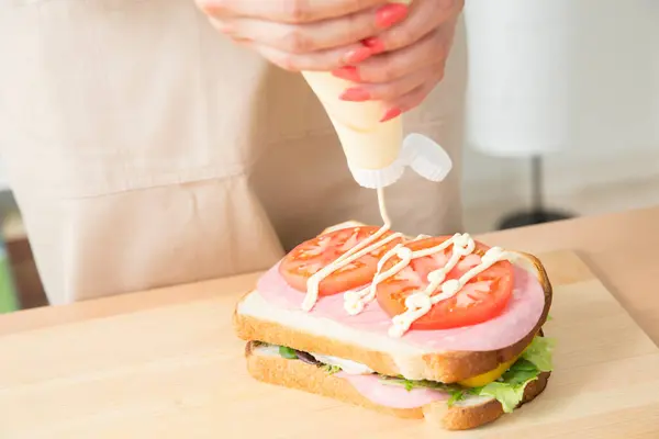 Cropped View Woman Making Tasty Sandwich Kitchen Table — Stock Photo, Image