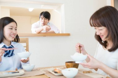 asian young people having breakfast 