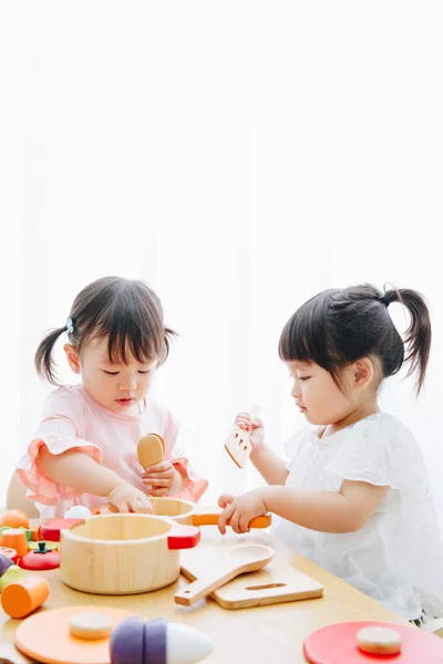 Closeup Shot Cute Japanese Girls Playing Toys Home Interior — Stok Foto
