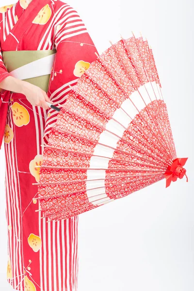 Portret Pięknej Młodej Azjatki Tradycyjnym Japońskim Stroju Świątecznym Białym Tle — Zdjęcie stockowe