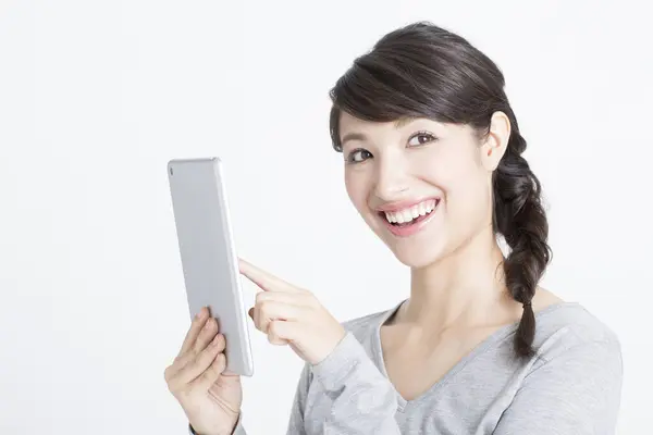 Young Smiling Asian Woman Holding Digital Tablet Isolated Background — Stock Photo, Image