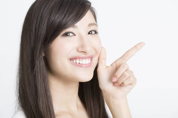 Jeune Belle Japonais Femme Pointant Avec Doigt Regardant Caméra Sur — Photo