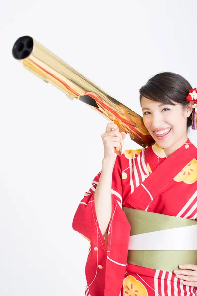 Портрет Красивої Жінки Японському Традиційному Костюмі Тримає Телескоп — стокове фото