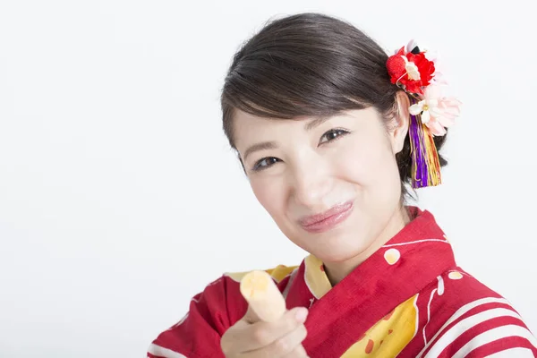 Portrait Belle Jeune Femme Avec Kimono Japonais Traditionnel Manger Crème — Photo