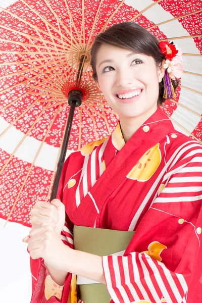 Retrato Bela Mulher Japonesa Quimono Com Guarda Chuva Vermelho — Fotografia de Stock