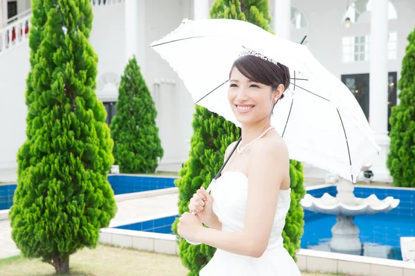 Retrato Hermosa Novia Joven Vestido Elegante Con Paraguas Blanco —  Fotos de Stock