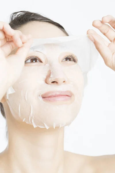 Beautiful Asian Woman Sheet Mask White Background Skincare Concept — Stock Photo, Image