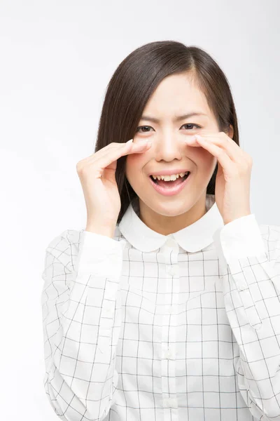 Estúdio Tiro Bela Triste Mulher Japonesa Chorando Fundo Branco — Fotografia de Stock