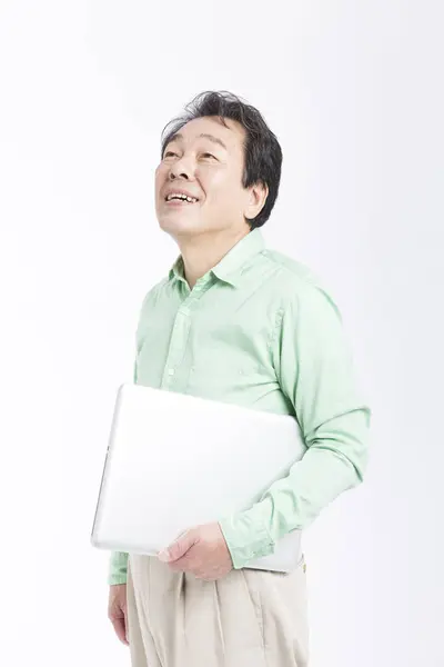 Portrait Homme Affaires Japonais Senior Avec Ordinateur Portable Isolé Sur — Photo