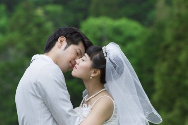 Parktaki genç Asyalı yeni evlilerin portresi.