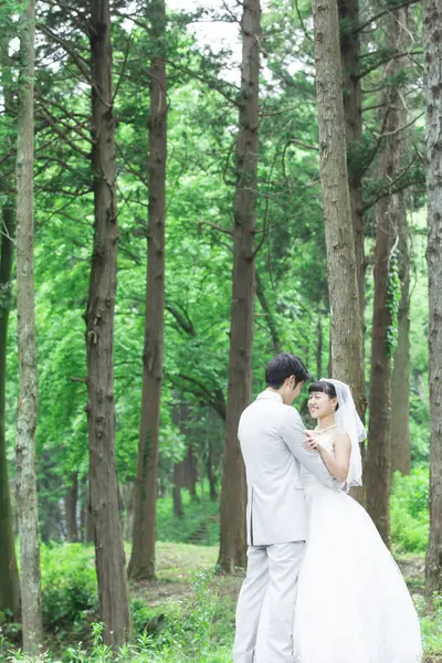 亚洲新娘和新郎在公园摆姿势 — 图库照片