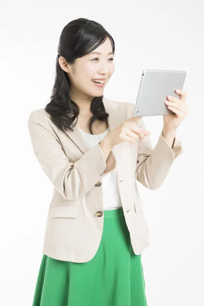 Beautiful Japanese Woman Using Tablet White Background — Stock Photo, Image