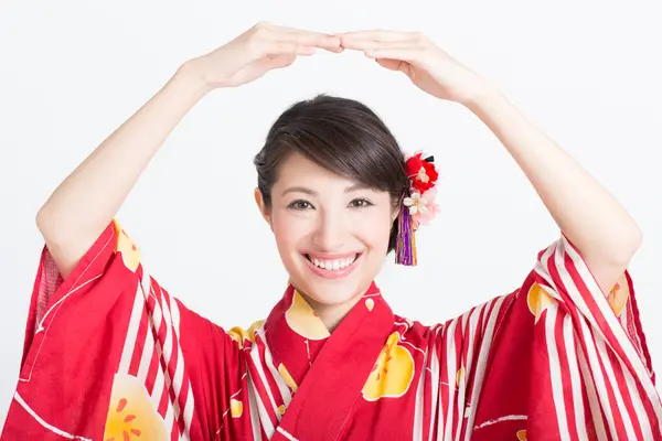 Portrait Smiling Asian Woman Traditional Red Kimono — Stock Photo, Image
