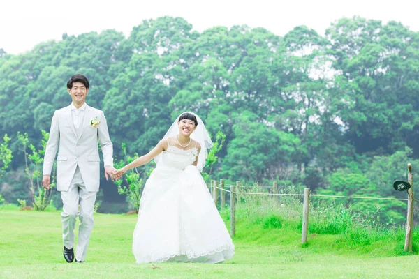 Азиатская Невеста Жених Позируют Парке — стоковое фото