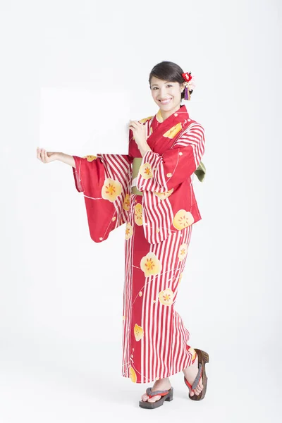 Vrouw Japans Traditioneel Kleding Houden Blanco Kaart — Stockfoto