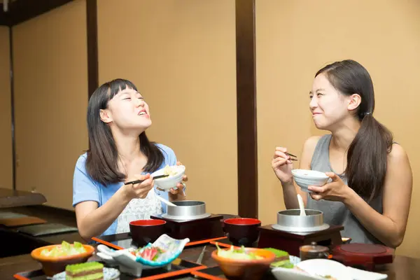 Beautiful Asian Women Eating Traditional Japanese Food Restaurant — Stock Photo, Image