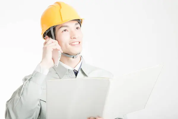 Close Portrait Young Japanese Businessman Hard Hat Talking Phone — Stock Photo, Image