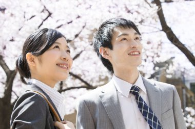 Şehir caddesinde kiraz çiçekleri olan iki Japon iş adamı.